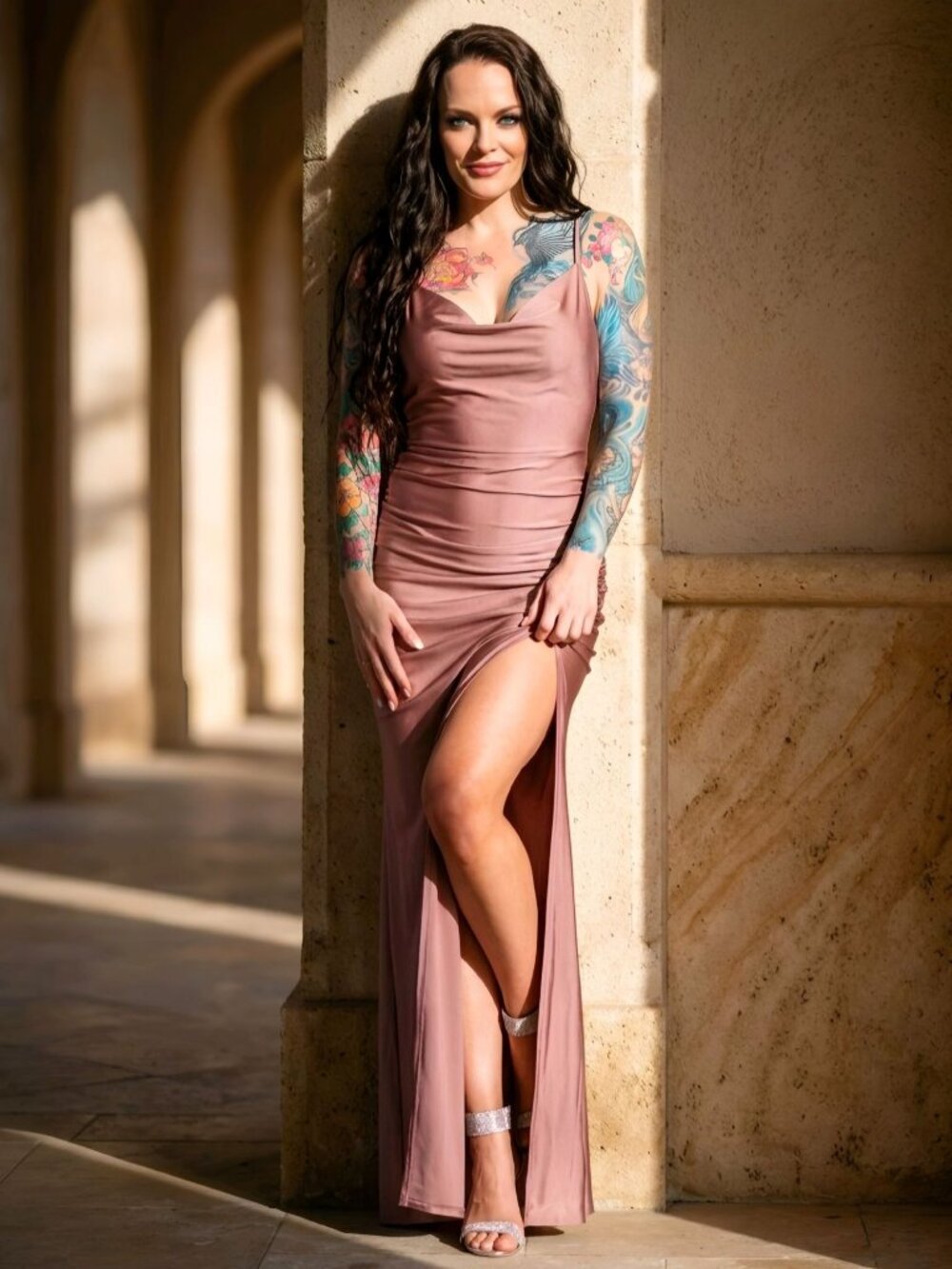Windsor ✦ Blakely Blush Formal Open Back Dress ✦ Cowl Neck Lace‑Up Slit Sz 7 NWT